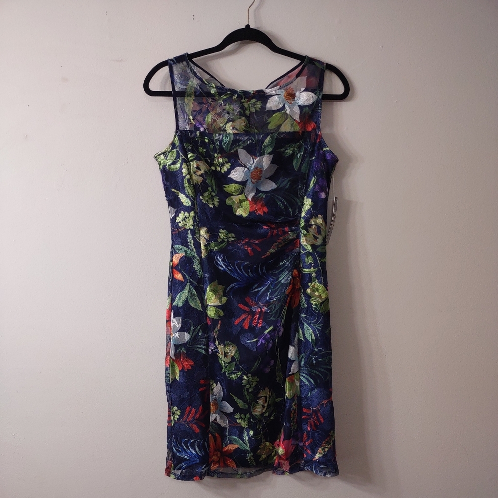 Tahari Floral Dress with Side Rouching, Size 8, NWT